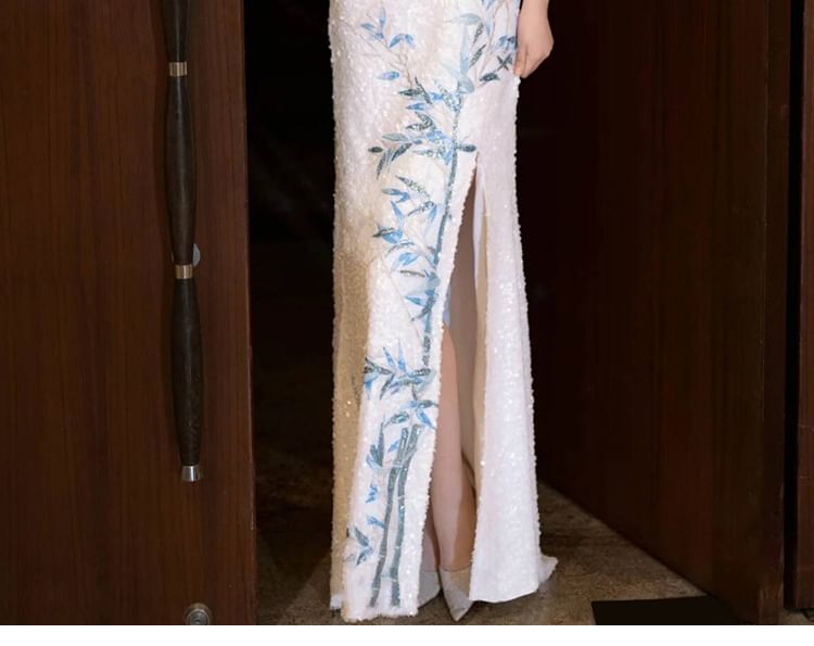 Halter Mermaid Dress Bamboo Evening Slit Neck Embroidered Sequin