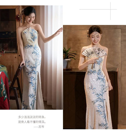 Halter Mermaid Dress Bamboo Evening Slit Neck Embroidered Sequin