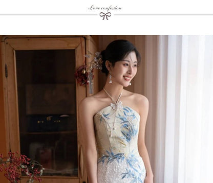 Halter Mermaid Dress Bamboo Evening Slit Neck Embroidered Sequin