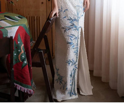 Halter Mermaid Dress Bamboo Evening Slit Neck Embroidered Sequin