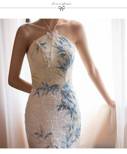 Halter Mermaid Dress Bamboo Evening Slit Neck Embroidered Sequin