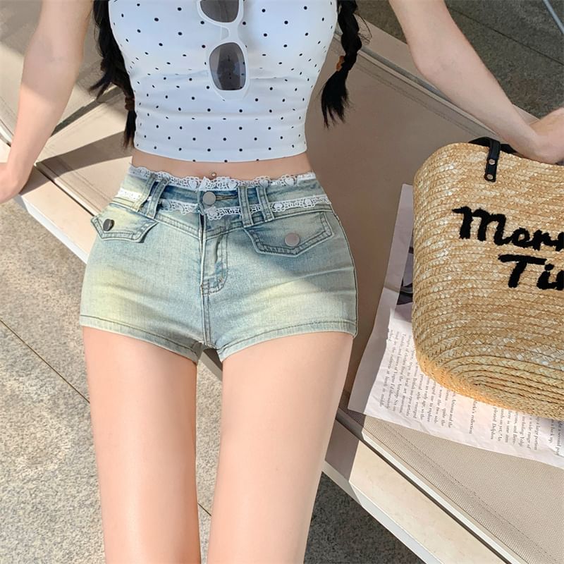 Pants Hot Trim Mid Washed Rise Lace Denim