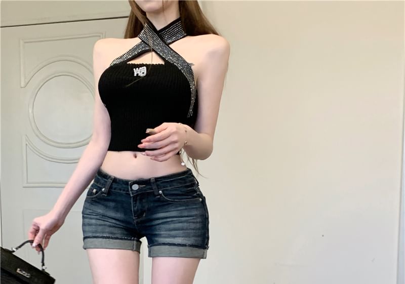 Low Washed Denim Rise Pants Hot Hem Roll Up