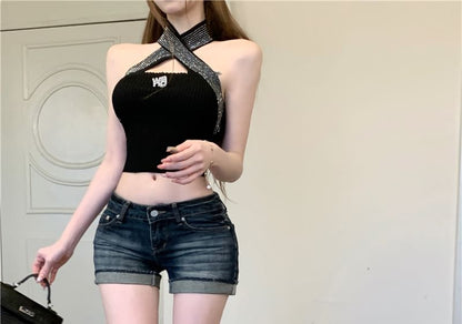 Low Washed Denim Rise Pants Hot Hem Roll Up