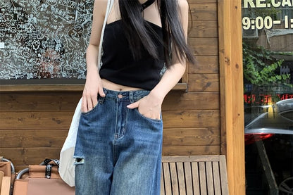 Jeans Waist Mid Leg Wide Ripped Washed