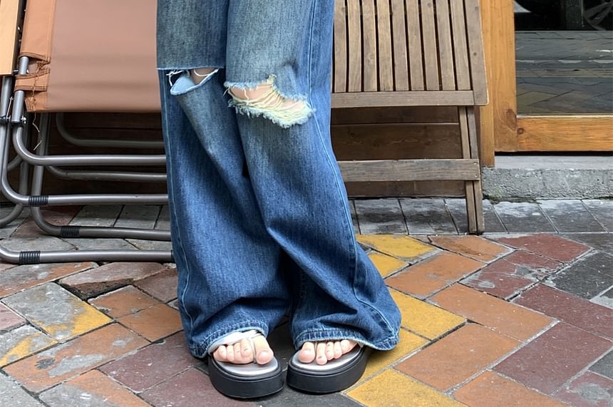 Jeans Waist Mid Leg Wide Ripped Washed