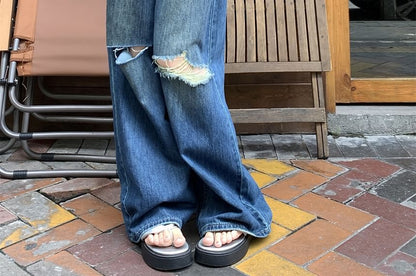 Jeans Waist Mid Leg Wide Ripped Washed