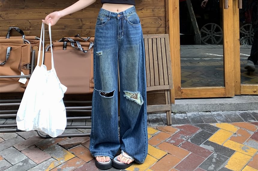 Jeans Waist Mid Leg Wide Ripped Washed