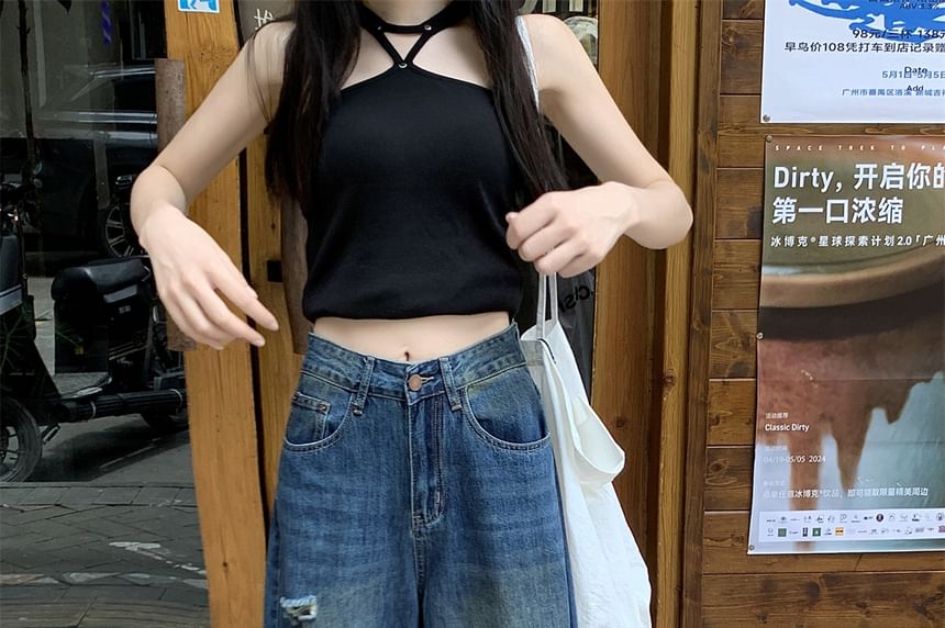 Jeans Waist Mid Leg Wide Ripped Washed