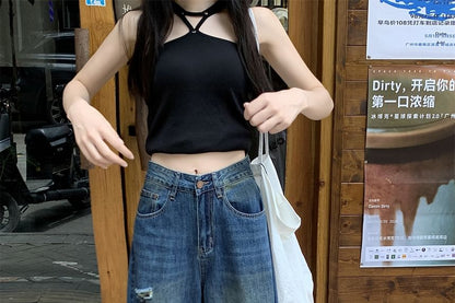 Jeans Waist Mid Leg Wide Ripped Washed