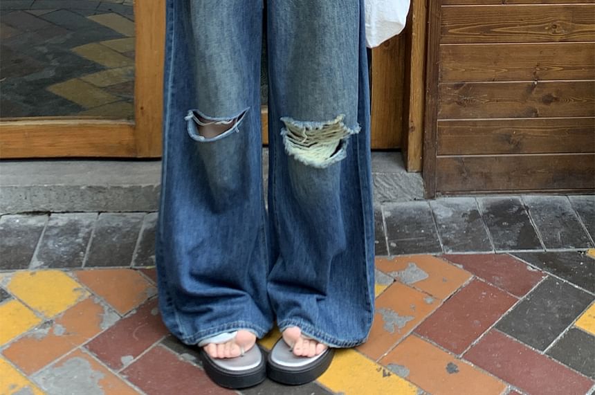 Jeans Waist Mid Leg Wide Ripped Washed