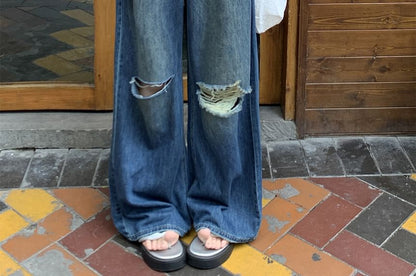 Jeans Waist Mid Leg Wide Ripped Washed