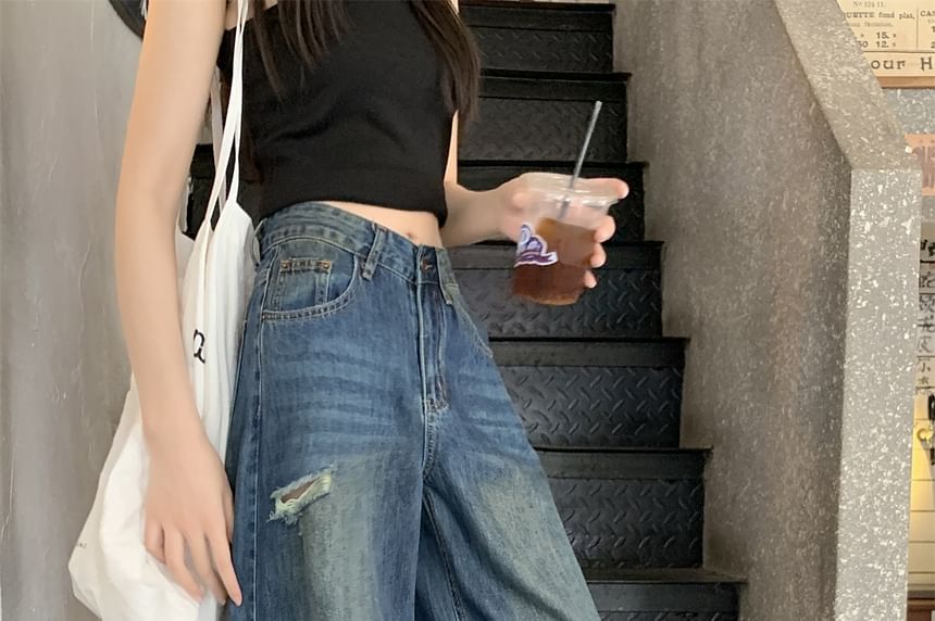 Jeans Waist Mid Leg Wide Ripped Washed