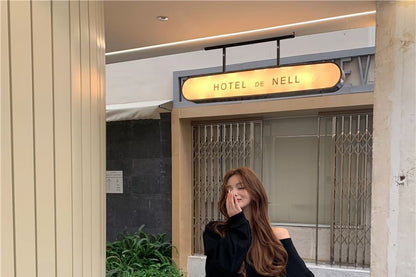 Off-Shoulder / Plain Pullover Waist Contrast Trim Drawstring