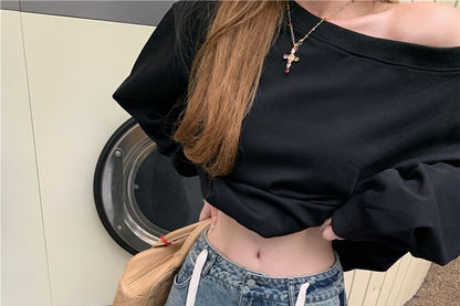 Off-Shoulder / Plain Pullover Waist Contrast Trim Drawstring