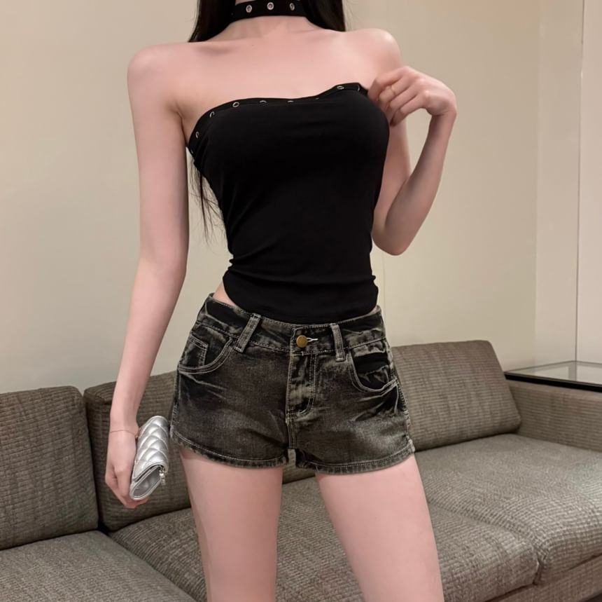 Washed Rise Hot Pants Denim Low