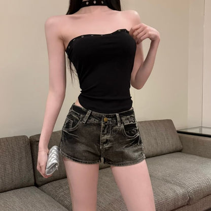 Washed Rise Hot Pants Denim Low