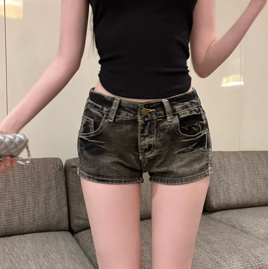 Washed Rise Hot Pants Denim Low