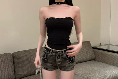 Washed Rise Hot Pants Denim Low