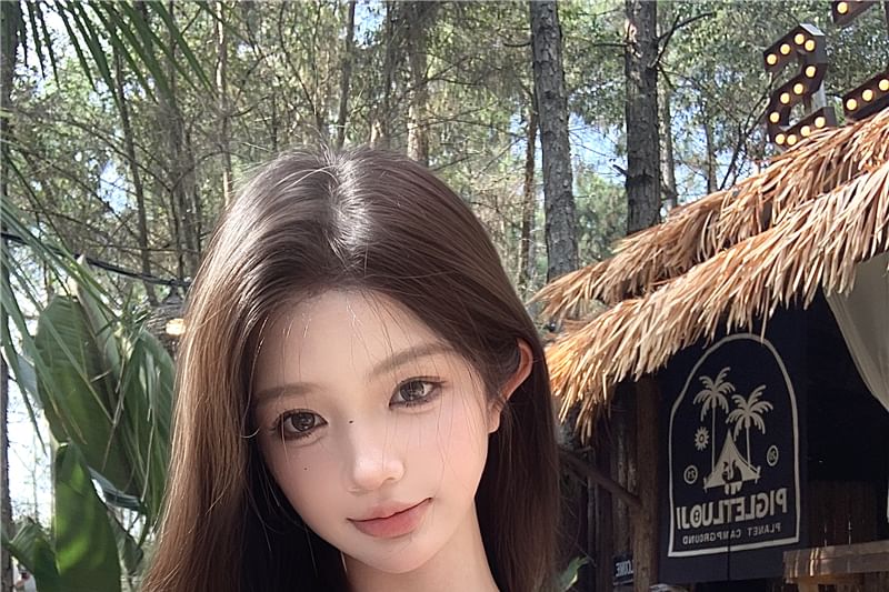 Ruched Bow Crop Trim Accent Top / Rise Mid Tube Lace Washed Plain