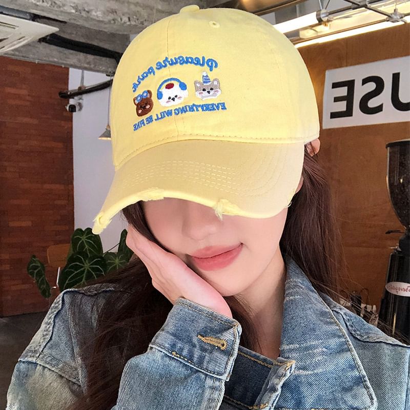 Cap Baseball Cartoon Embroidered Distressed