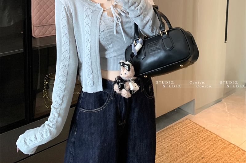 Neck Top Cardigan + Cable Scoop Sleeveless Knit Set: Plain Crop