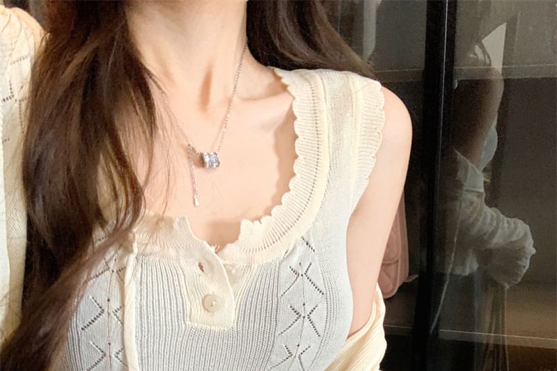 Neck Top Cardigan + Cable Scoop Sleeveless Knit Set: Plain Crop