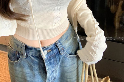 Neck Top Cardigan + Cable Scoop Sleeveless Knit Set: Plain Crop