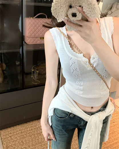 Neck Top Cardigan + Cable Scoop Sleeveless Knit Set: Plain Crop