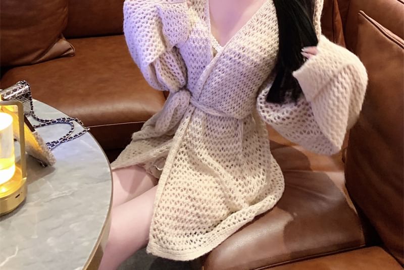 Bodycon Spaghetti Cardigan Flower Plain / Strap V-Neck Print Dress Crochet Mini