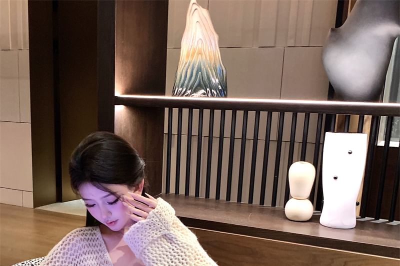 Bodycon Spaghetti Cardigan Flower Plain / Strap V-Neck Print Dress Crochet Mini