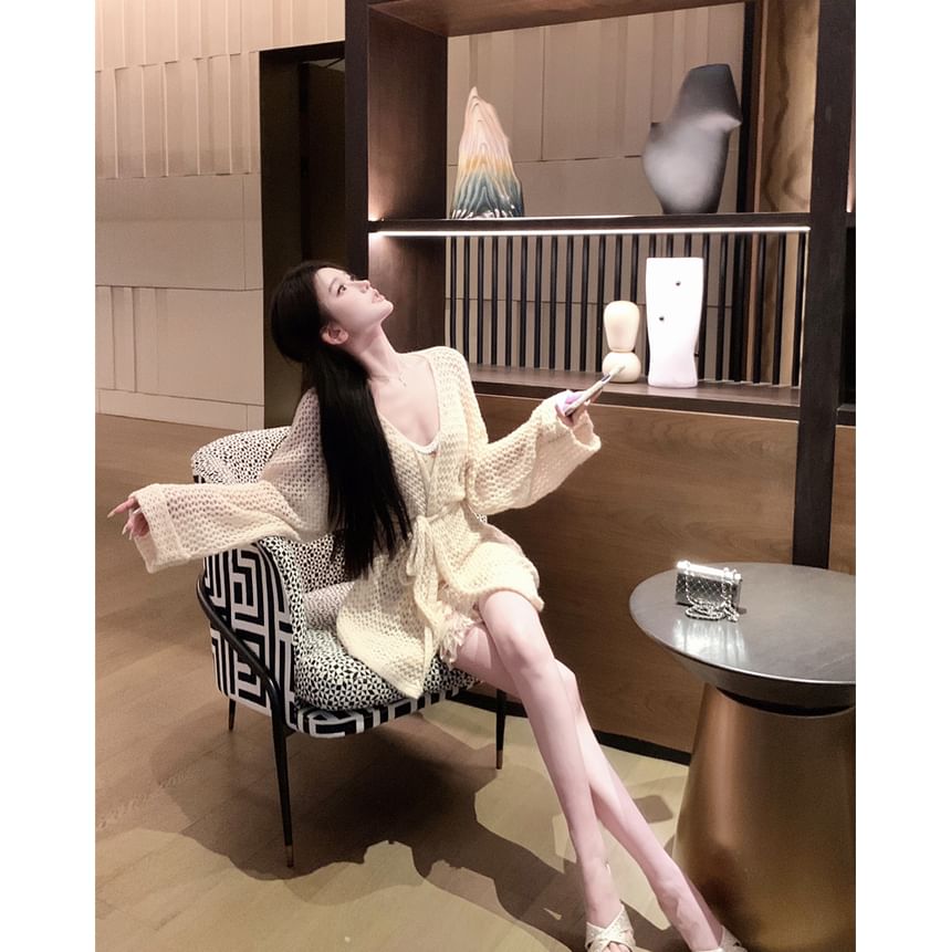 Bodycon Spaghetti Cardigan Flower Plain / Strap V-Neck Print Dress Crochet Mini