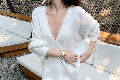 Mid Blouse Skirt A-Line Waist V-Neck / Maxi Plain Long-Sleeve