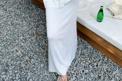 Mid Blouse Skirt A-Line Waist V-Neck / Maxi Plain Long-Sleeve