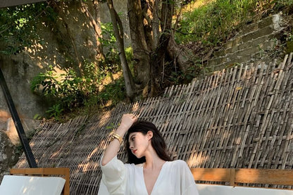 Mid Blouse Skirt A-Line Waist V-Neck / Maxi Plain Long-Sleeve