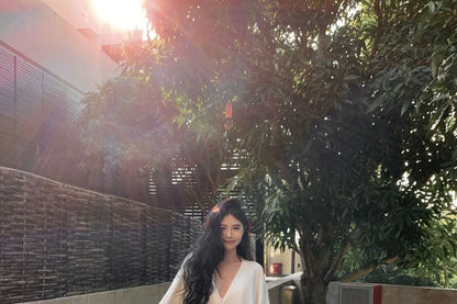 Mid Blouse Skirt A-Line Waist V-Neck / Maxi Plain Long-Sleeve