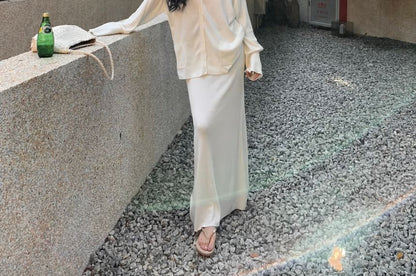 Mid Blouse Skirt A-Line Waist V-Neck / Maxi Plain Long-Sleeve