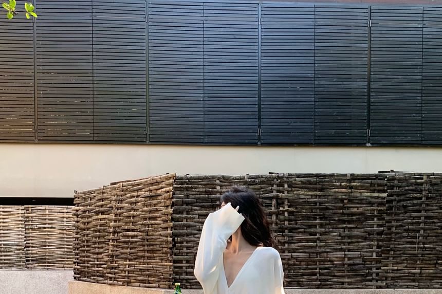 Mid Blouse Skirt A-Line Waist V-Neck / Maxi Plain Long-Sleeve