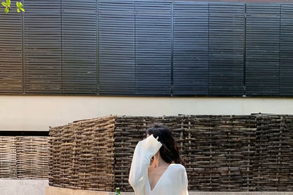 Mid Blouse Skirt A-Line Waist V-Neck / Maxi Plain Long-Sleeve