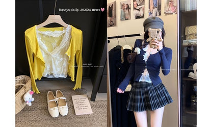 Trim Top Ruffle Cardigan Camisole V-Neck Scoop Lace Neck Plain /