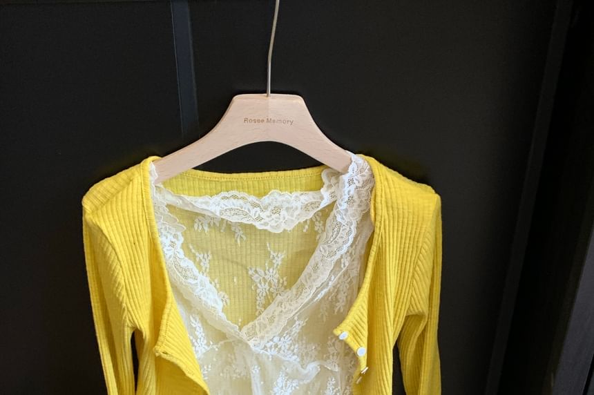 Trim Top Ruffle Cardigan Camisole V-Neck Scoop Lace Neck Plain /