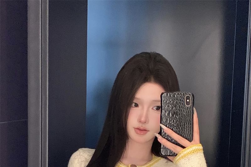 Contrast High Top Skirt / Cardigan Scoop Neck Button Pencil Cami Mini Waist Trim