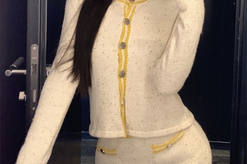 Contrast High Top Skirt / Cardigan Scoop Neck Button Pencil Cami Mini Waist Trim