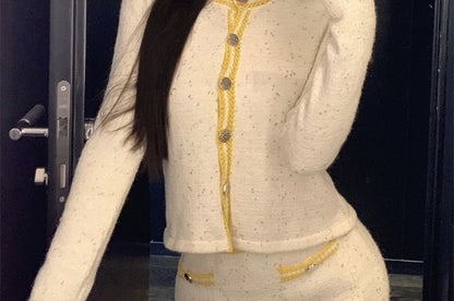 Contrast High Top Skirt / Cardigan Scoop Neck Button Pencil Cami Mini Waist Trim