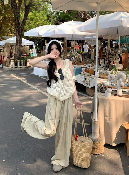 Leg Waist Top / Plain Wide Sleeveless Pants High Tank Scoop Neck Knit