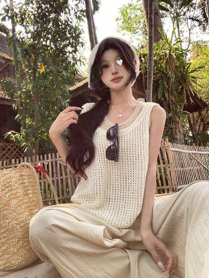 Leg Waist Top / Plain Wide Sleeveless Pants High Tank Scoop Neck Knit