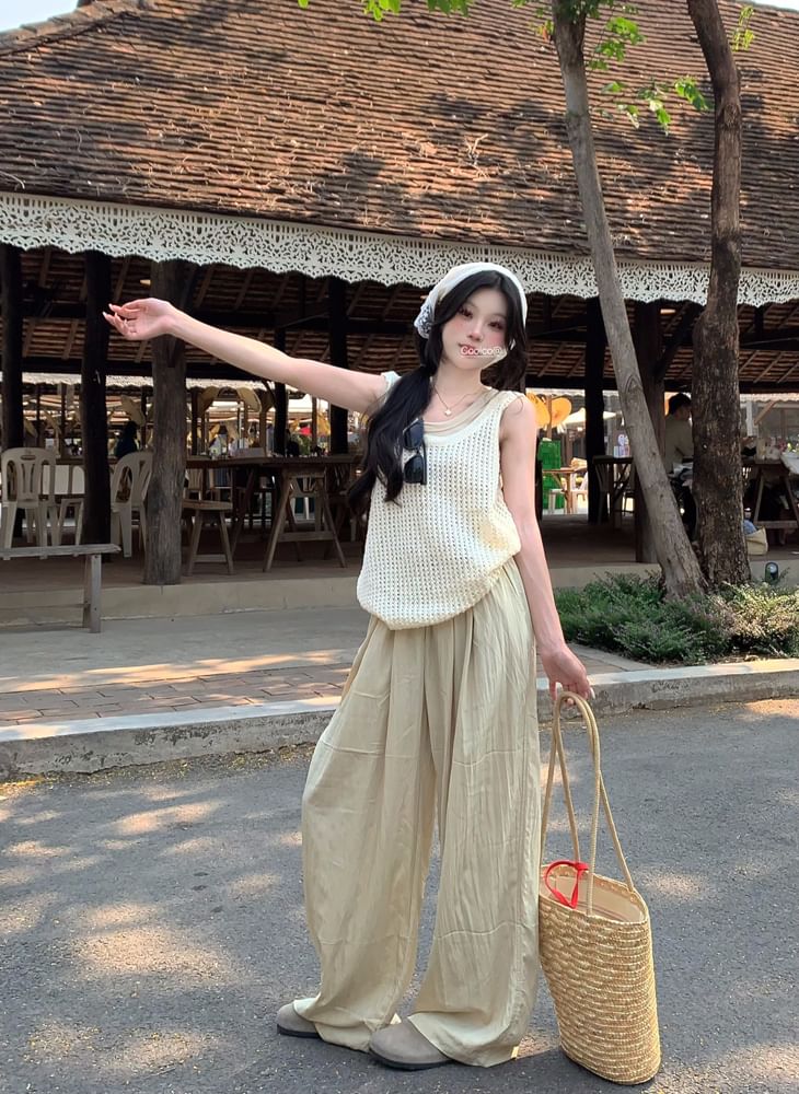 Leg Waist Top / Plain Wide Sleeveless Pants High Tank Scoop Neck Knit