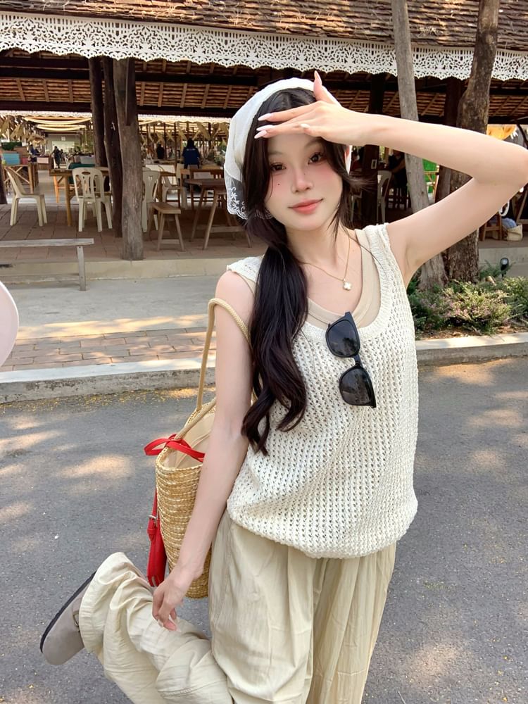Leg Waist Top / Plain Wide Sleeveless Pants High Tank Scoop Neck Knit