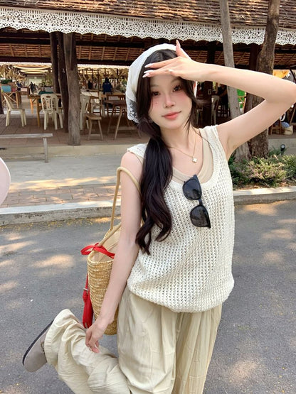 Leg Waist Top / Plain Wide Sleeveless Pants High Tank Scoop Neck Knit