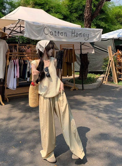 Leg Waist Top / Plain Wide Sleeveless Pants High Tank Scoop Neck Knit